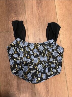 Vici Black Floral Square-Neck Corset Top with Blue and Gold Accents NWOT